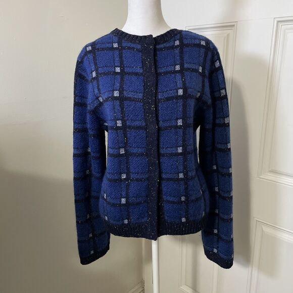 MARC BY MARC JACOBS Womens Blue & Black Plaid Cardigan Sweater Wool Preppy Large - Picture 1 of 10